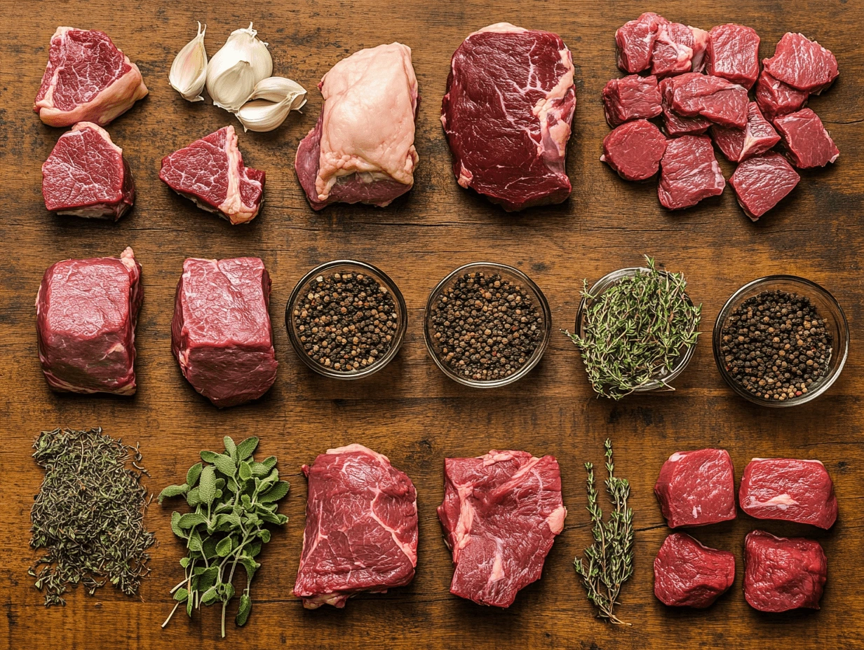 A side-by-side display of raw beef cuts, including beef tips and stew meat, with herbs, garlic, and black peppercorns on a rustic wooden surface.