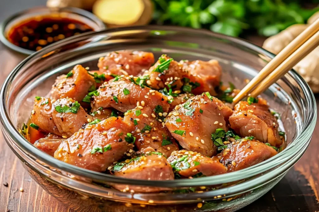 Marinated chicken pieces with sesame seeds and fresh herbs in a glass bowl, prepared for Chicken Tempura Sushi.