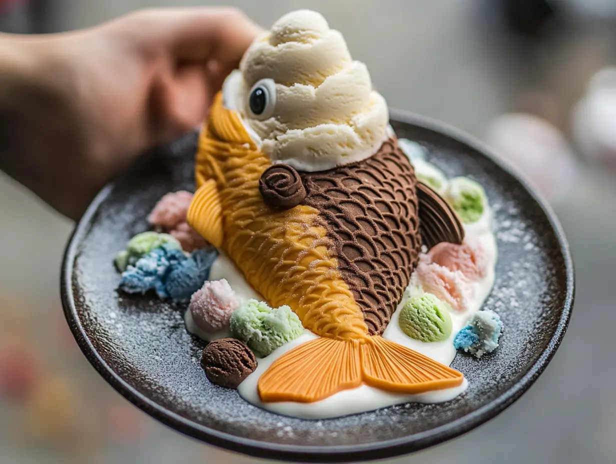A unique dessert shaped like a fish, made of intricately detailed chocolate and vanilla ice cream, served on a dark plate with colorful mini scoops of ice cream surrounding it.