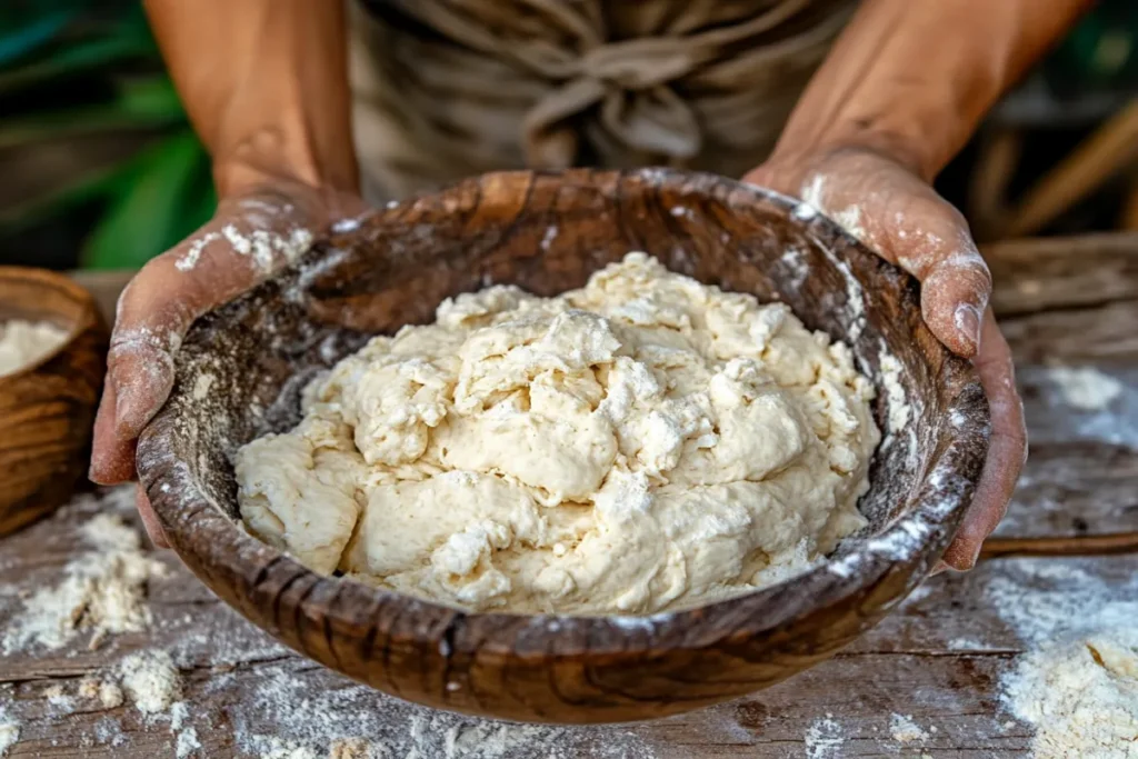 Greek yogurt garlic bread dough being kneaded.