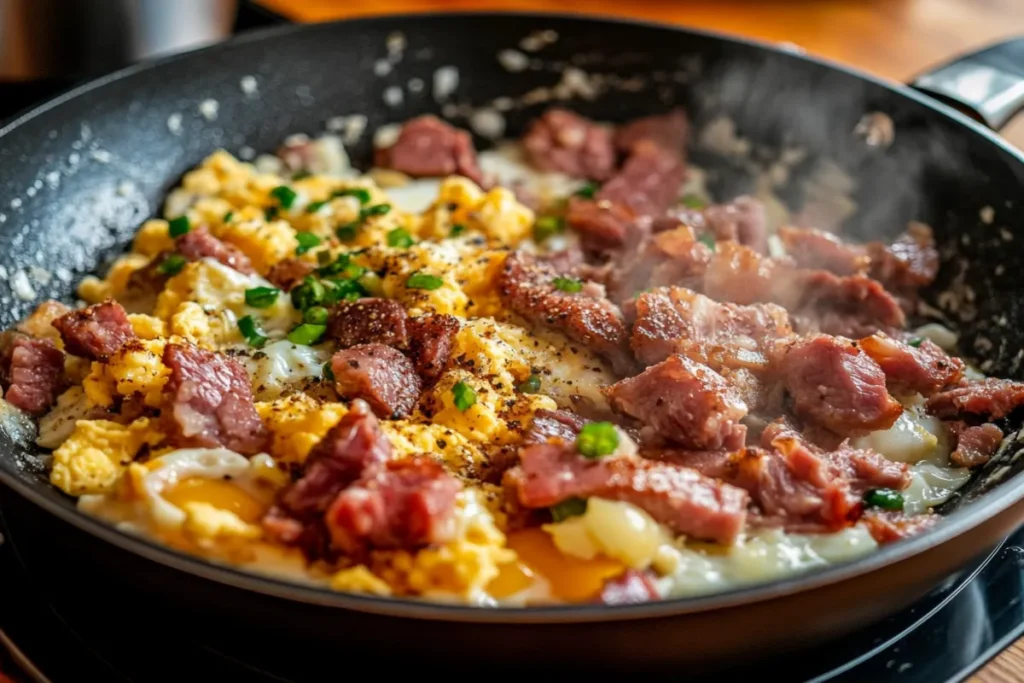 Canned corned beef scrambled with eggs, onions, and bell peppers.