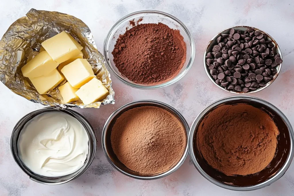 Triple chocolate mousse cake ingredients ready for baking