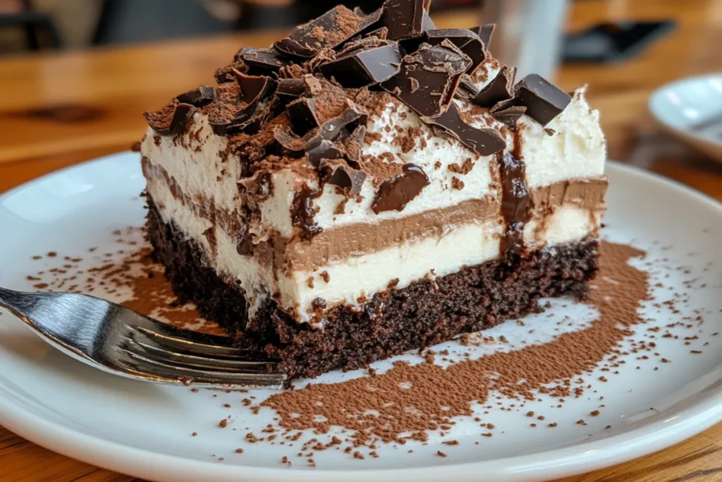 Served slice of triple chocolate mousse cake with fork